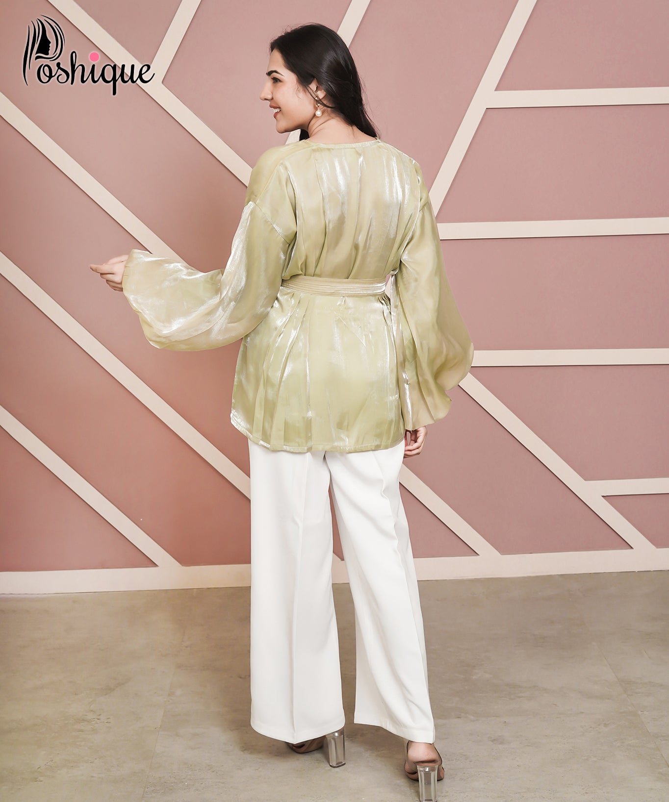 Poshique Metallic Olive Balloon Sleeve Wrap Top